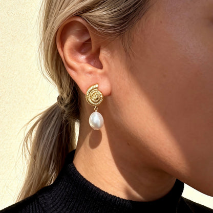 Gold Seashell Baroque Pearl Drop Earrings