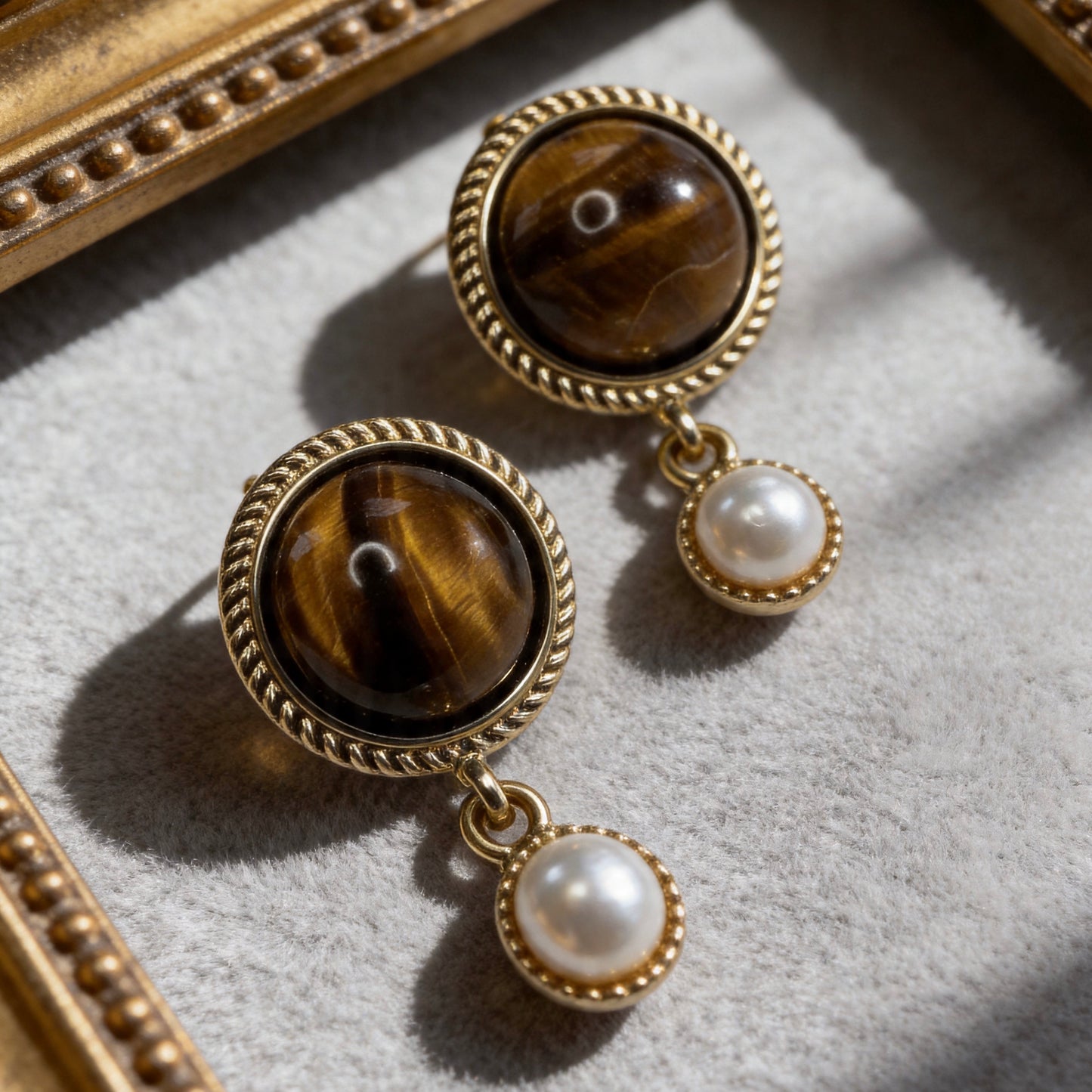 Vintage Tiger Eye & Pearl Drop Earrings