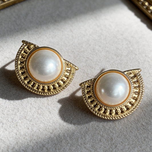 Vintage Gold Half-Moon Pearl Stud Earrings