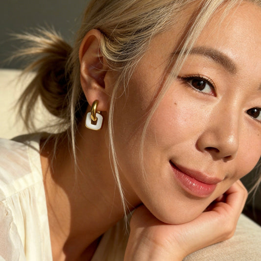 Gold & White Linked Hoop Earrings