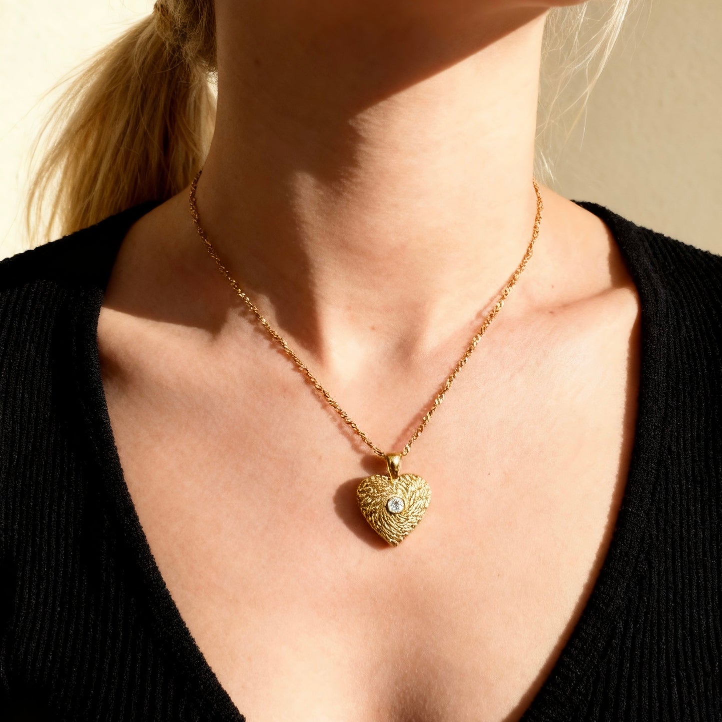 Gold Heart Textured Pendant Necklace