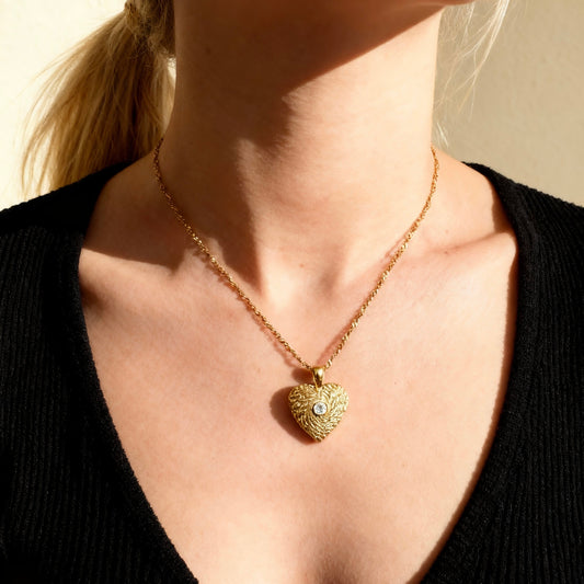Gold Heart Textured Pendant Necklace