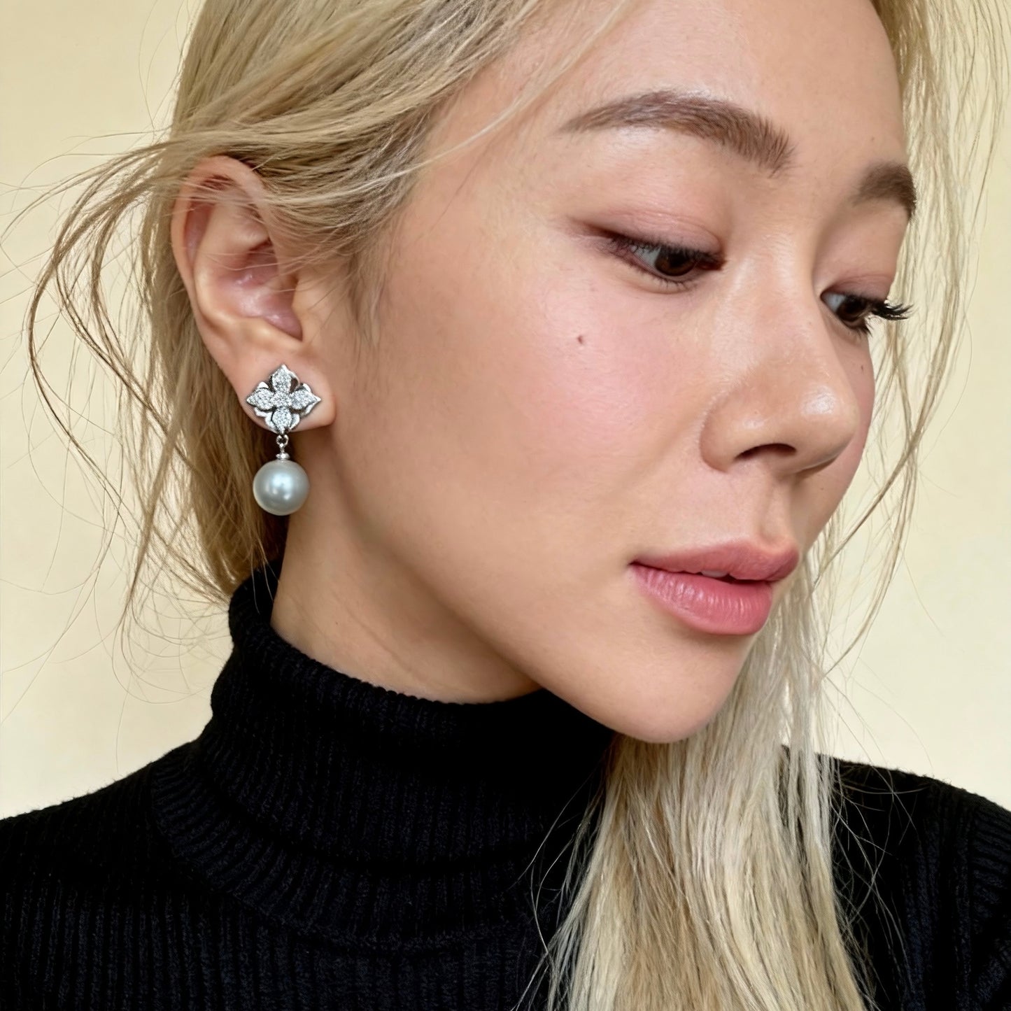 Floral Crystal Grey Pearl Earrings