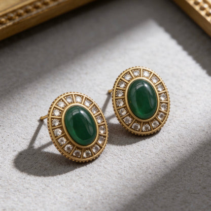 Vintage Green Stone Oval Stud Earrings