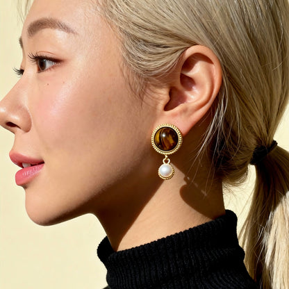 Vintage Tiger Eye & Pearl Drop Earrings