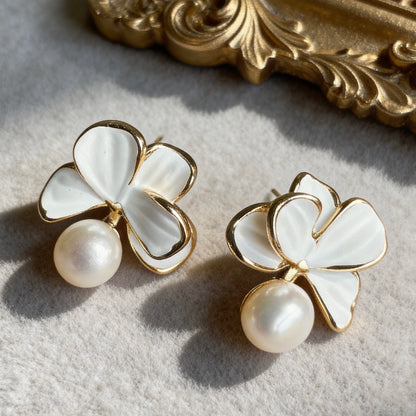 White Shell Petal Pearl Stud Earrings