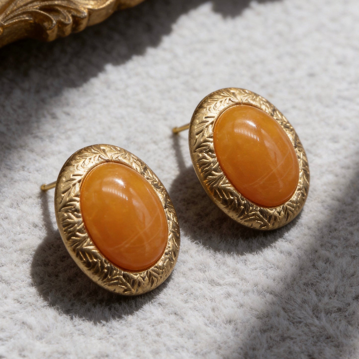 Vintage Orange Stone Oval Stud Earrings