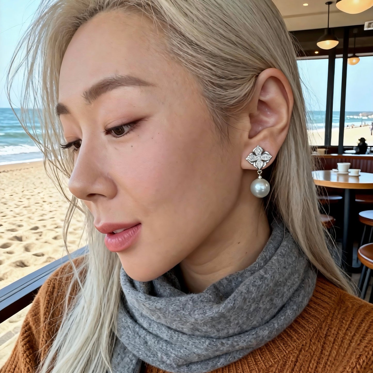 Floral Crystal Grey Pearl Earrings