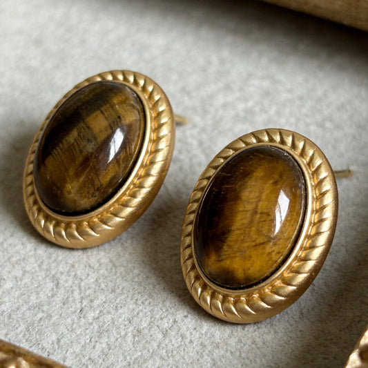 Vintage Oval Tiger Eye Stud Earrings