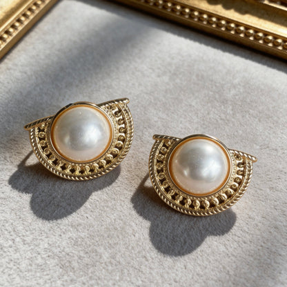 Vintage Gold Half-Moon Pearl Stud Earrings