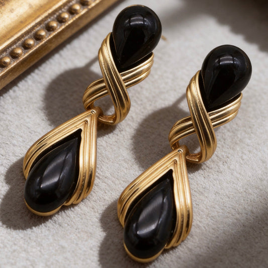 Black Onyx Teardrop Gold Drop Earrings