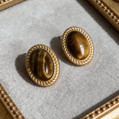 Vintage Oval Tiger Eye Stud Earrings