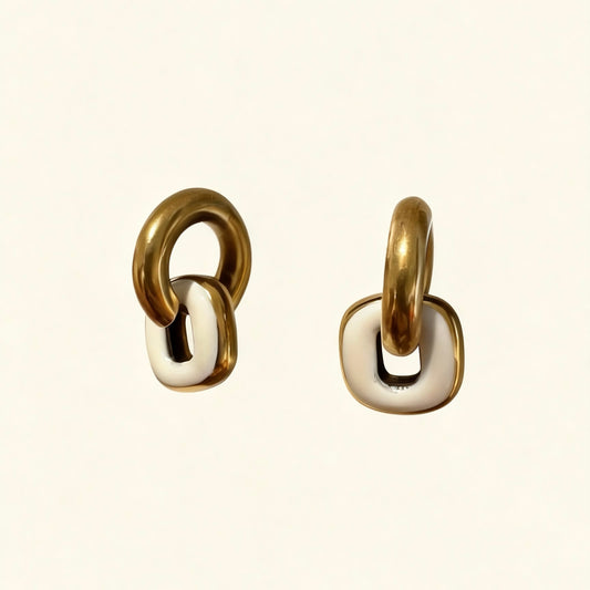 Gold & White Linked Hoop Earrings