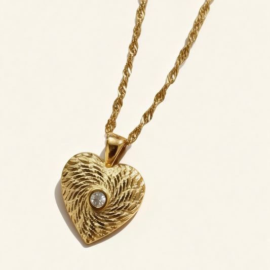 Gold Heart Textured Pendant Necklace