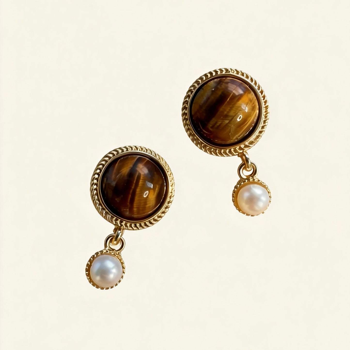 Vintage Tiger Eye & Pearl Drop Earrings