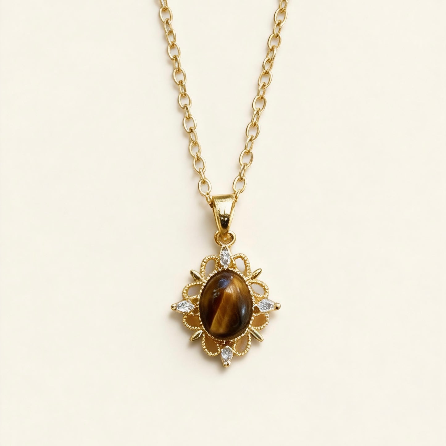 Vintage Floral Tiger Eye Pendant Necklace