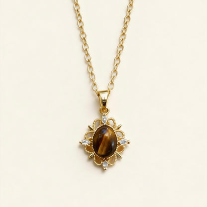 Vintage Floral Tiger Eye Pendant Necklace