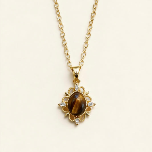Vintage Floral Tiger Eye Pendant Necklace