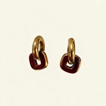 Gold & Red Brown Linked Hoop Earrings