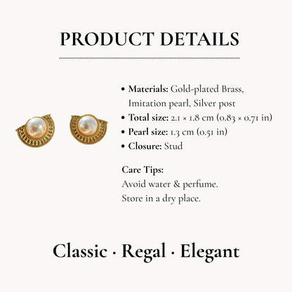 Vintage Gold Half-Moon Pearl Stud Earrings