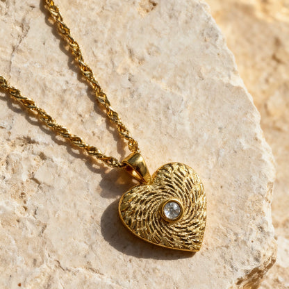 Gold Heart Textured Pendant Necklace