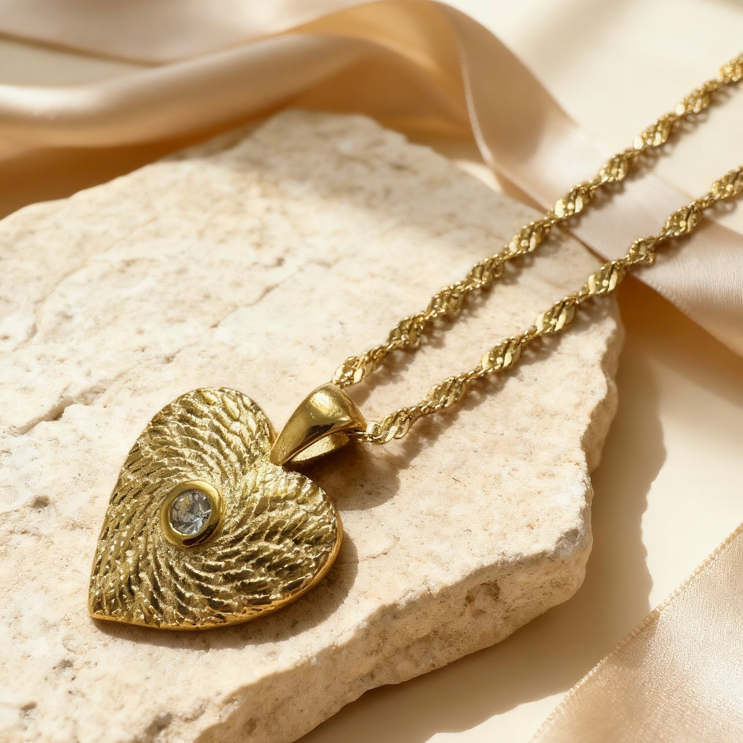 Gold Heart Textured Pendant Necklace