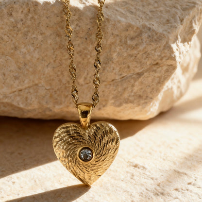 Gold Heart Textured Pendant Necklace