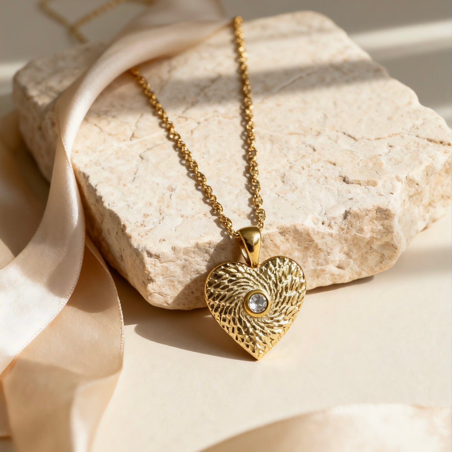 Gold Heart Textured Pendant Necklace