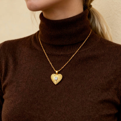 Gold Heart Textured Pendant Necklace