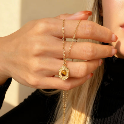 Tiger Eye Engraved Frame Necklace