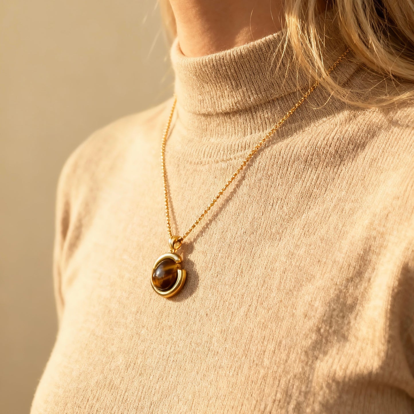 Tiger Eye C-Shaped Pendant Necklace