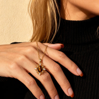 Vintage Floral Tiger Eye Pendant Necklace