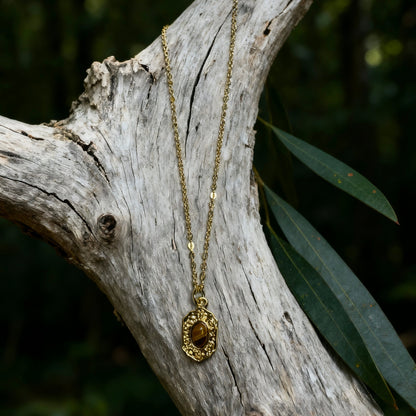 Tiger Eye Engraved Frame Necklace