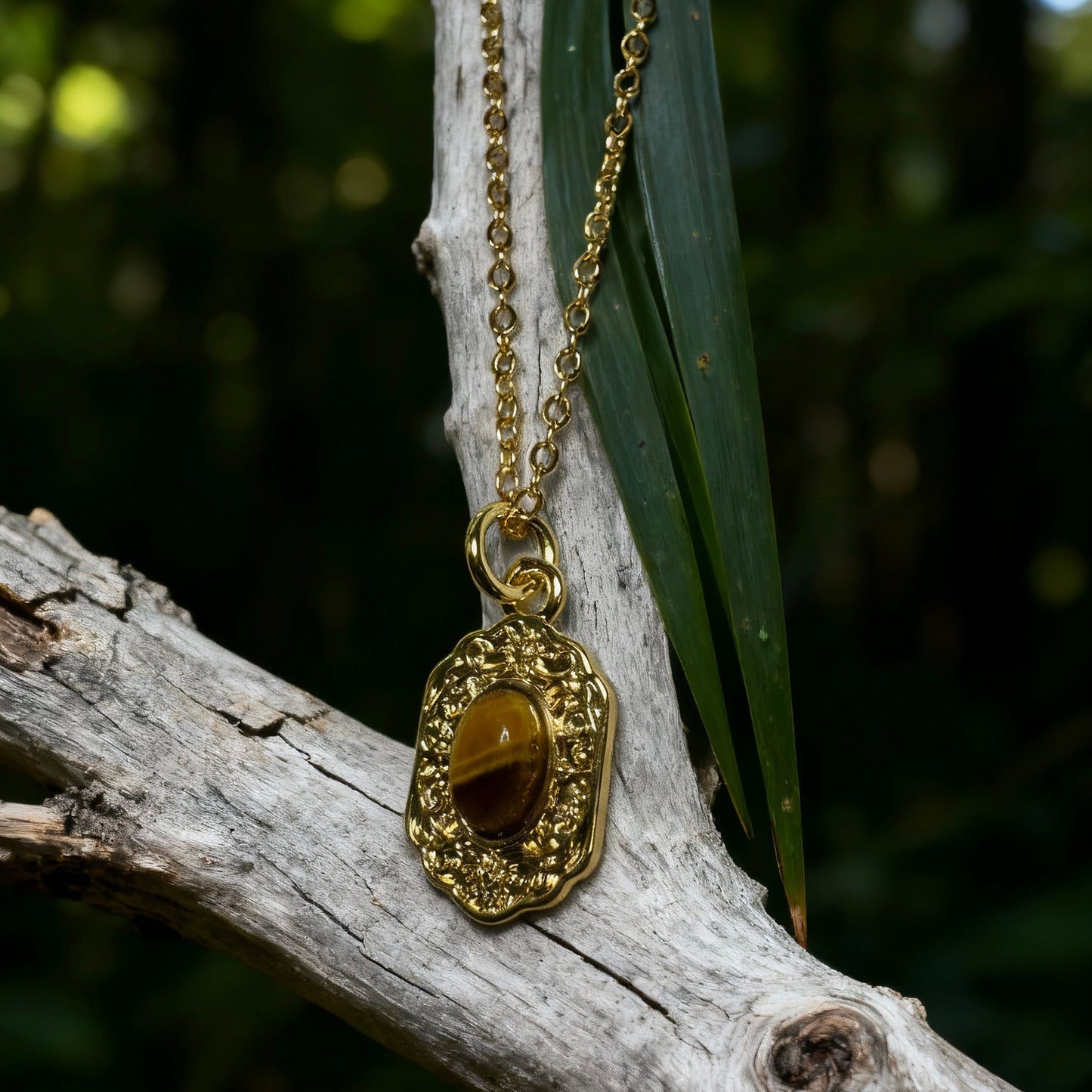 Tiger Eye Engraved Frame Necklace