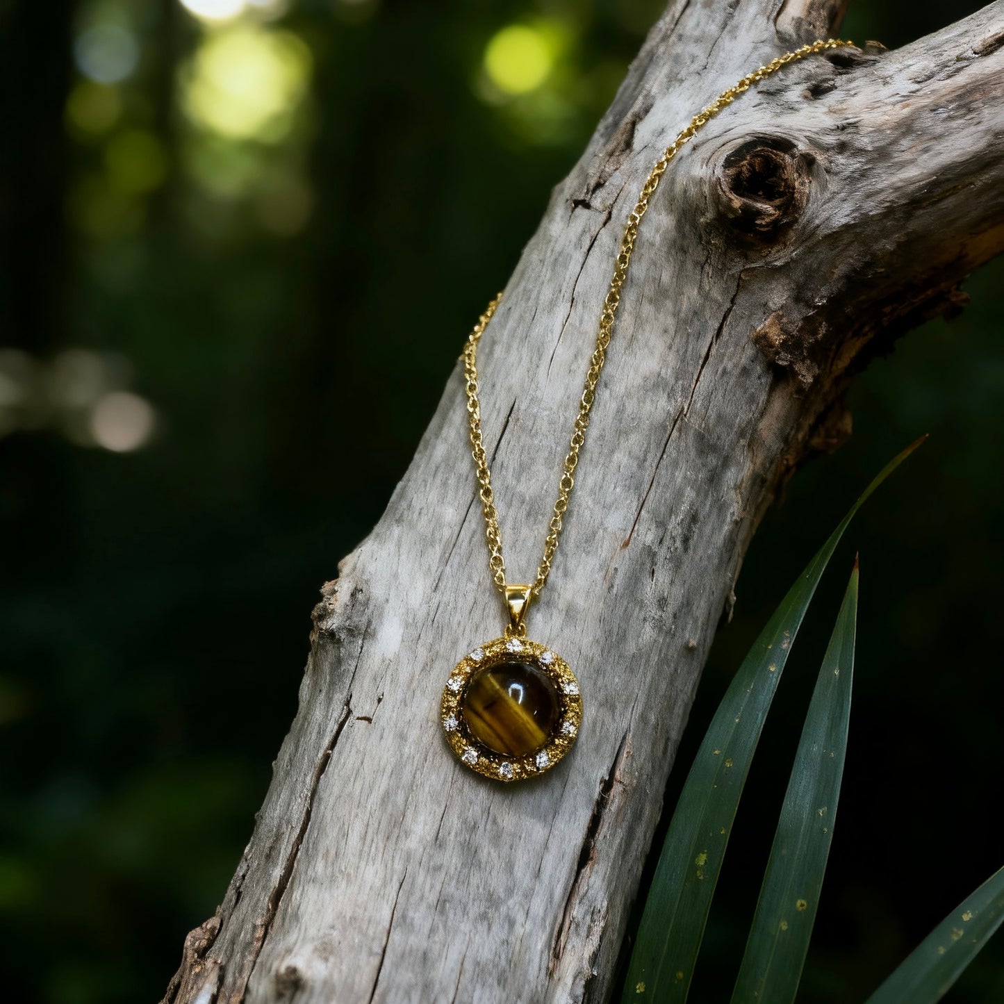 Tiger Eye Crystal Halo Pendant Necklace
