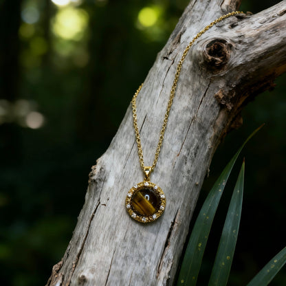 Tiger Eye Crystal Halo Pendant Necklace