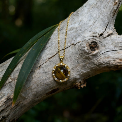 Tiger Eye Crystal Halo Pendant Necklace
