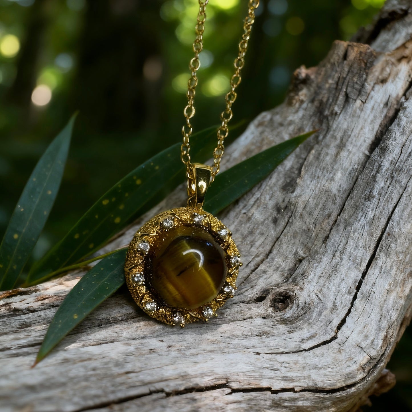Tiger Eye Crystal Halo Pendant Necklace