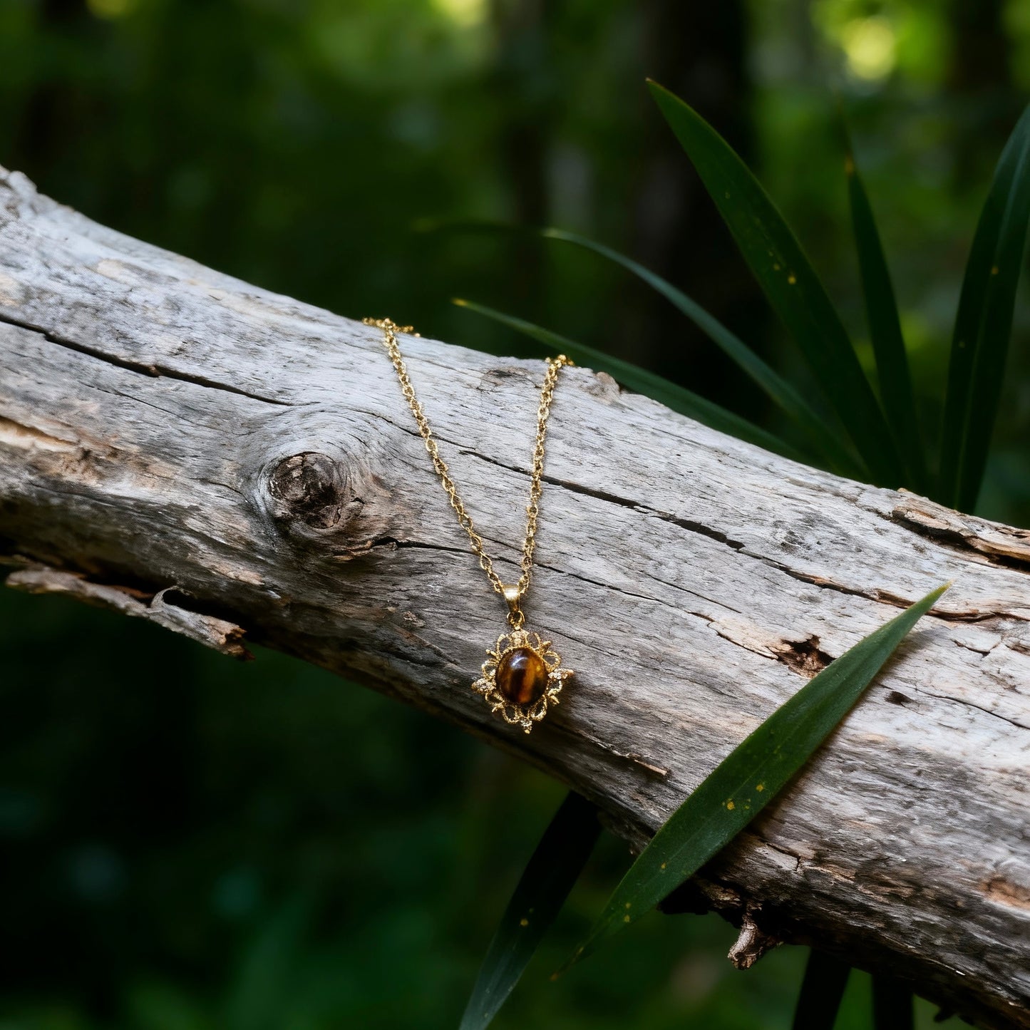 Vintage Floral Tiger Eye Pendant Necklace