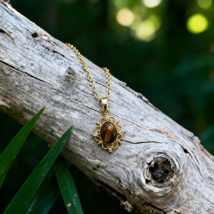 Vintage Floral Tiger Eye Pendant Necklace