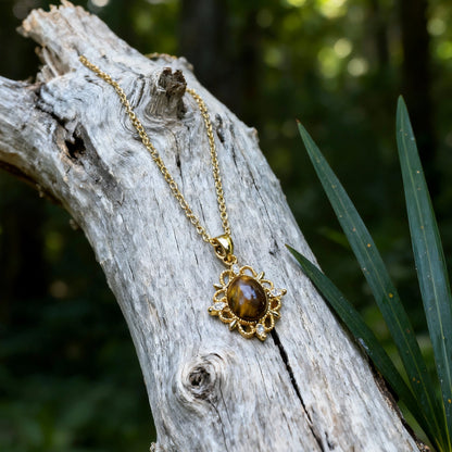Vintage Floral Tiger Eye Pendant Necklace