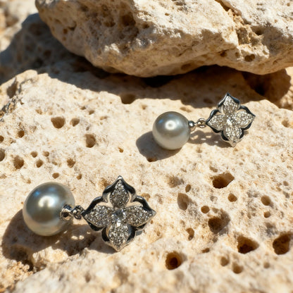 Floral Crystal Grey Pearl Earrings