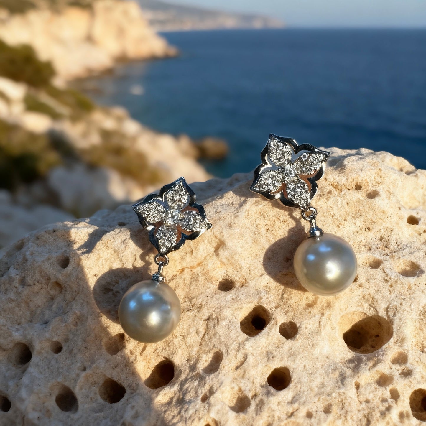 Floral Crystal Grey Pearl Earrings