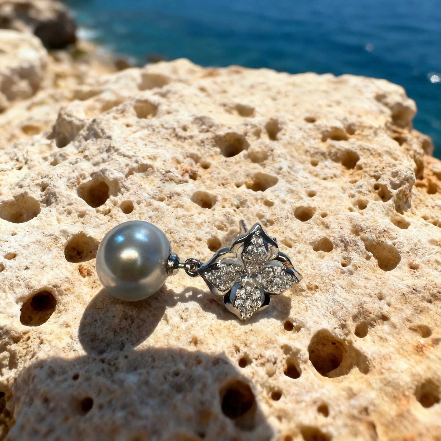 Floral Crystal Grey Pearl Earrings