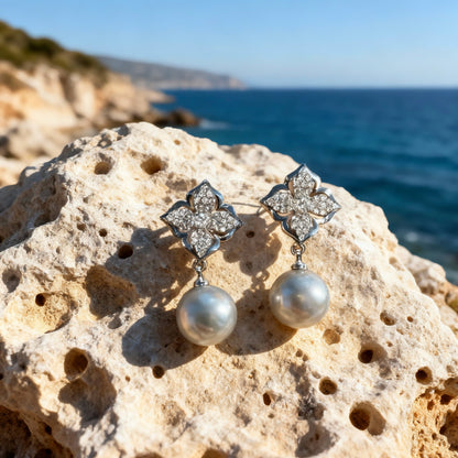 Floral Crystal Grey Pearl Earrings