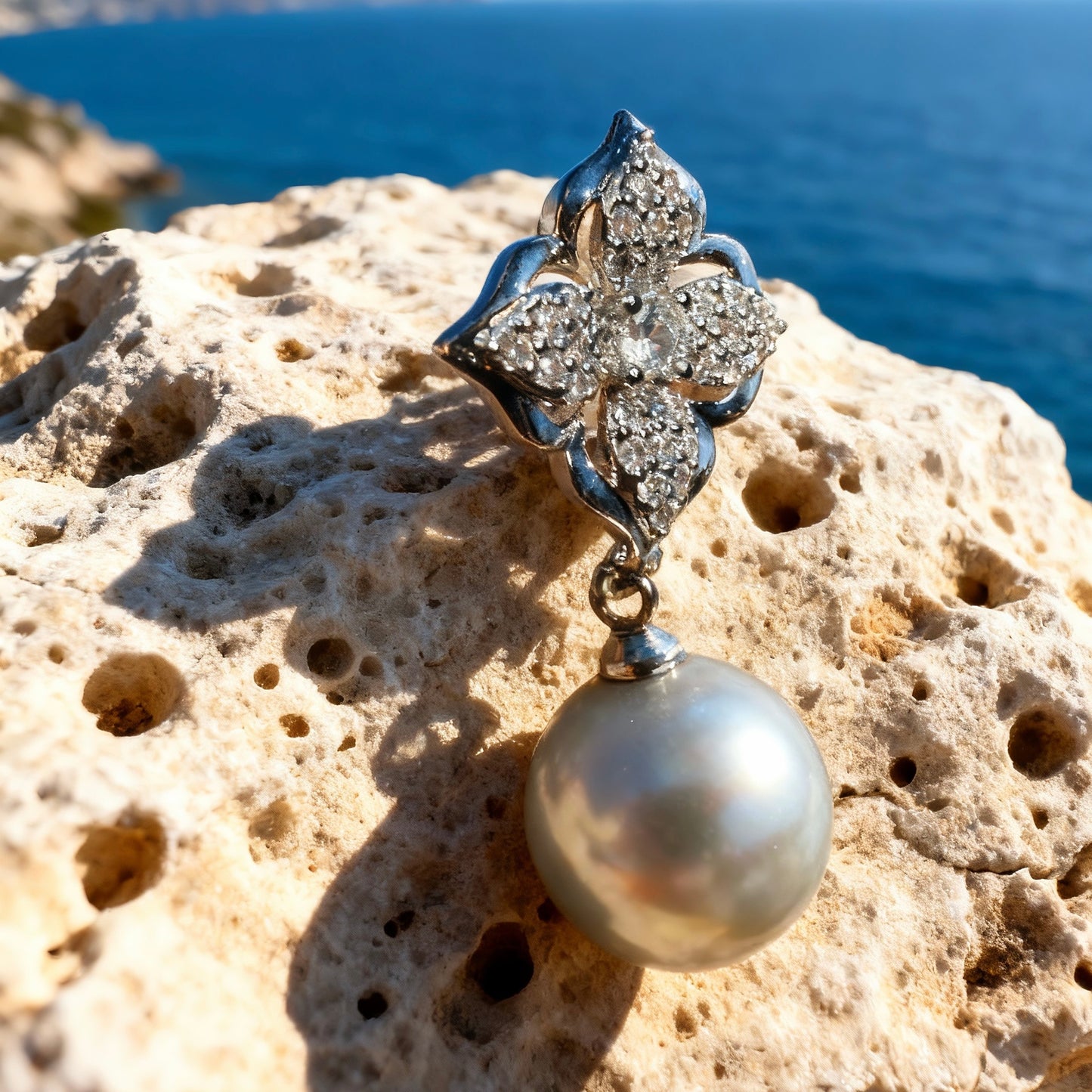 Floral Crystal Grey Pearl Earrings