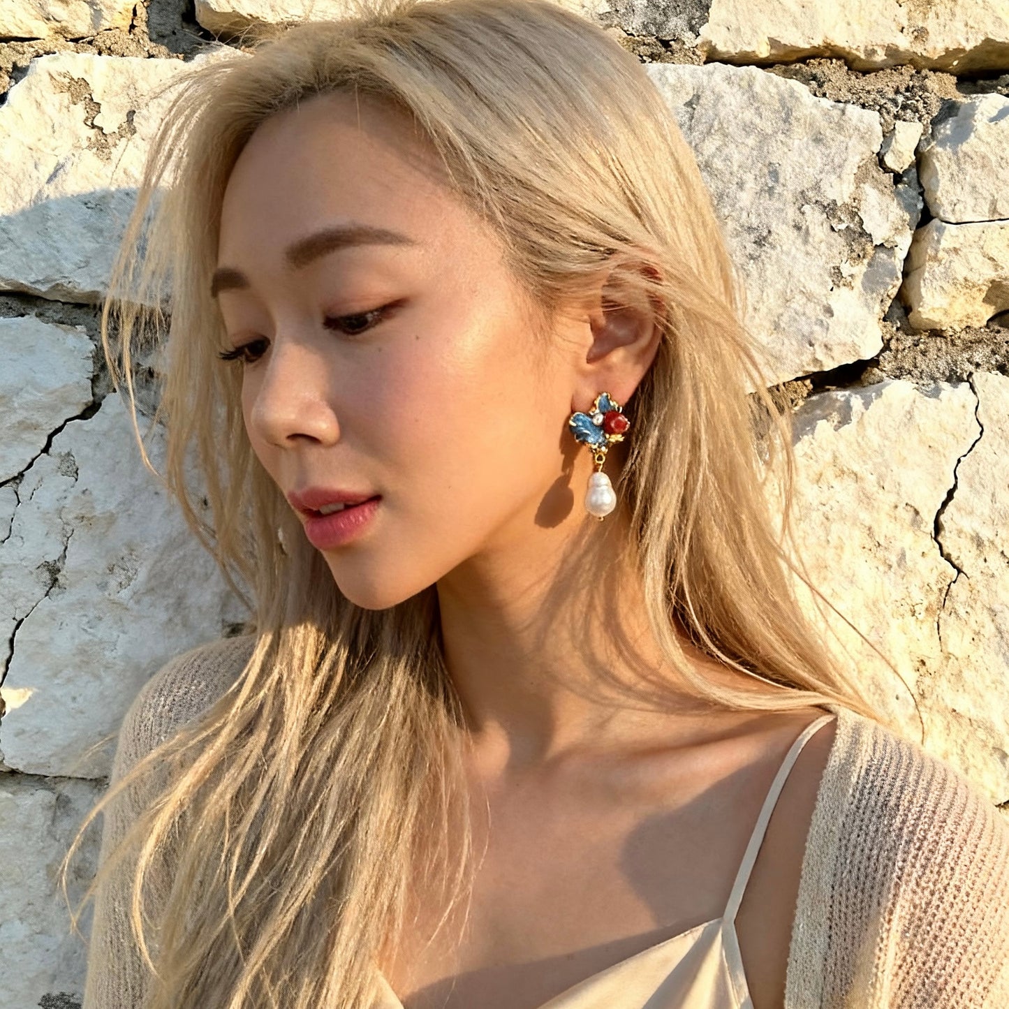 Blue Enamel Floral Baroque Pearl Drop Earrings