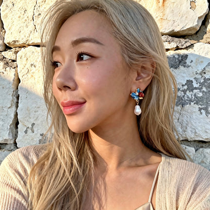 Blue Enamel Floral Baroque Pearl Drop Earrings