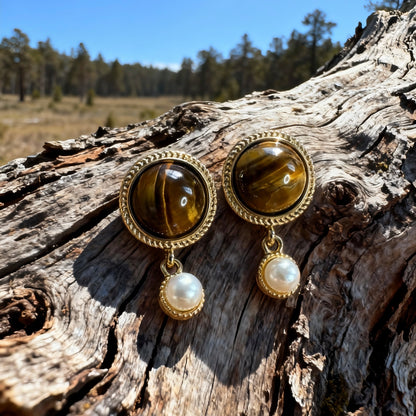Vintage Tiger Eye & Pearl Drop Earrings