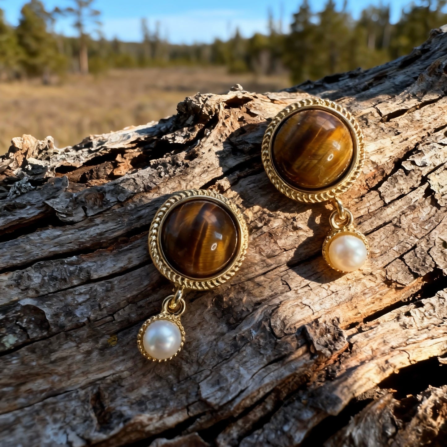 Vintage Tiger Eye & Pearl Drop Earrings